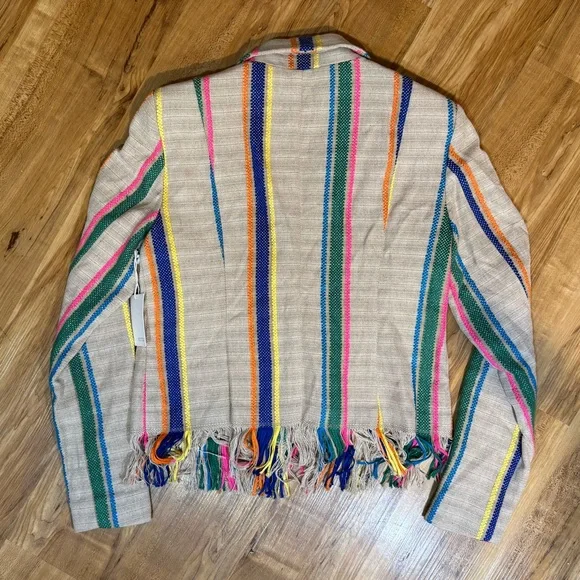 Ecru Striped Linen Fringe Bohemian Blazer Size XS New With Tags - Picture 2 of 9